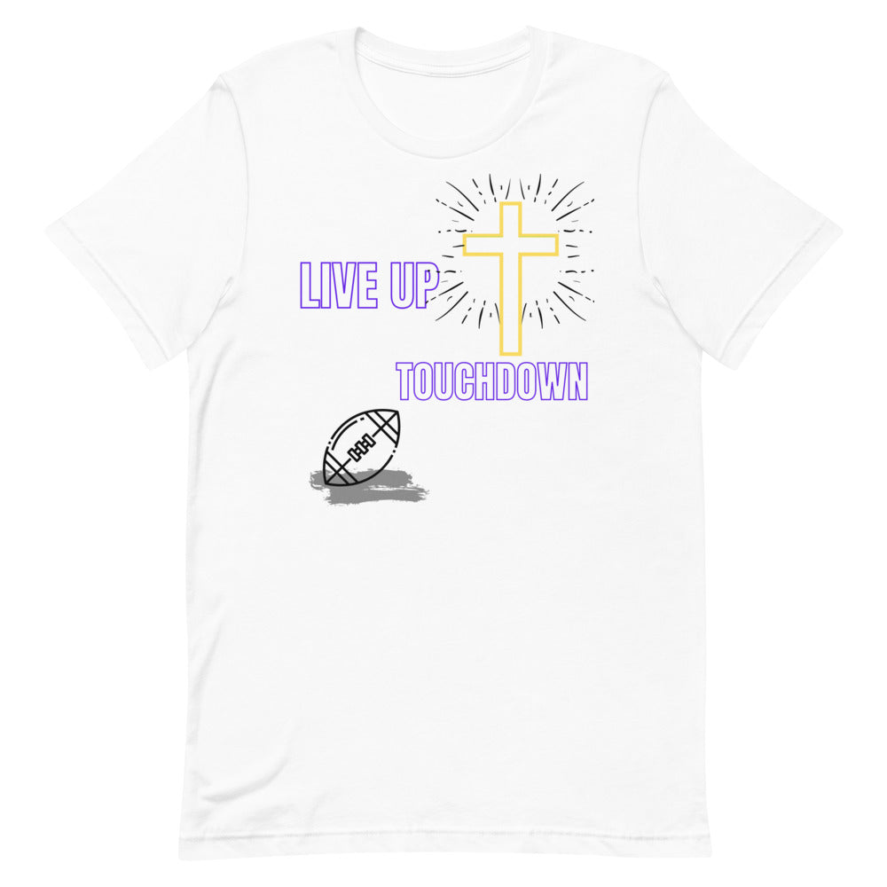 Mens'-Live Up-Touchdown Tee (White/Purple Letters)