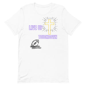 Mens'-Live Up-Touchdown Tee (White/Purple Letters)