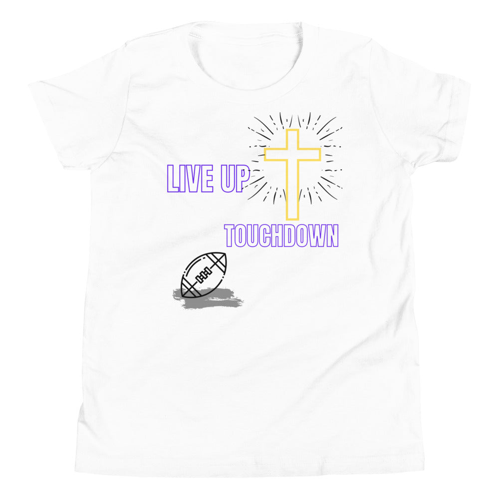 Boys'-Live Up-Touchdown Tee (White/Purple Letters)